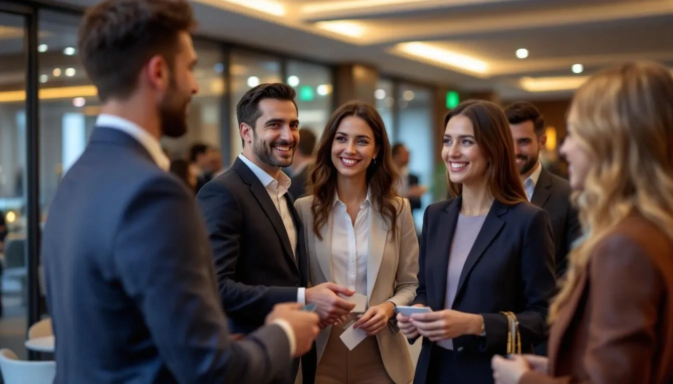 The image depicts a professional networking event where colleagues engage in conversation, sharing valuable insights about navigating career transitions and industry trends. Attendees are exchanging ideas on leveraging transferable skills and exploring new career paths in a supportive environment.
